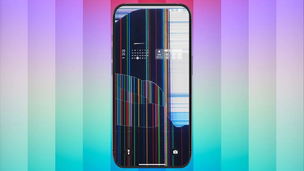 Màn hình iPhone 15 Pro Max bị lỗi sọc, hiển thị các đường kẻ màu sắc không đều, minh họa dấu hiệu iphone 15 pro max lỗi màn hình.