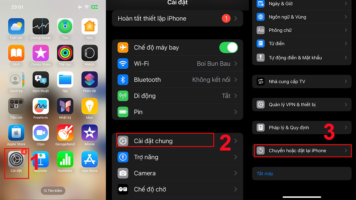 Hướng dẫn vào mục chuyển hoặc đặt lại để sửa iphone bắt wifi yếu