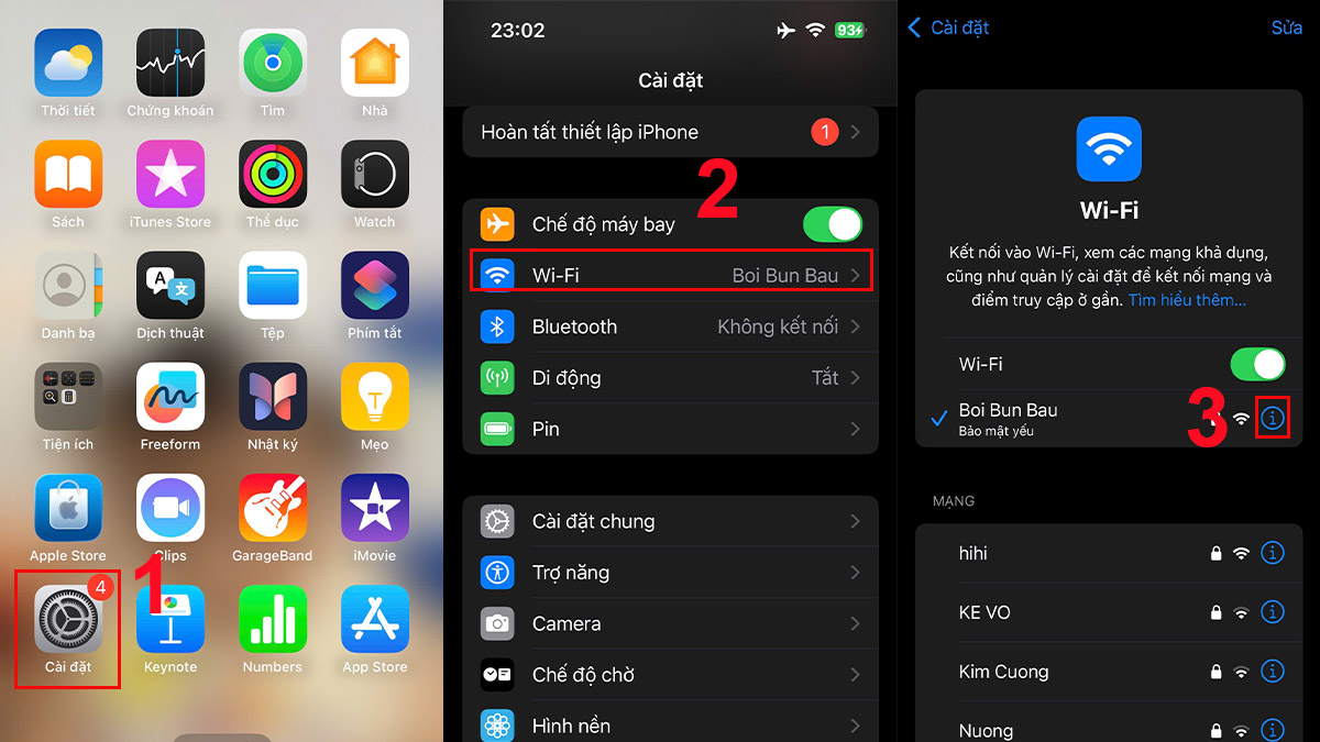 Cách vào cài đặt mạng để xử lý lỗi iphone không hiển thị địa chỉ wifi