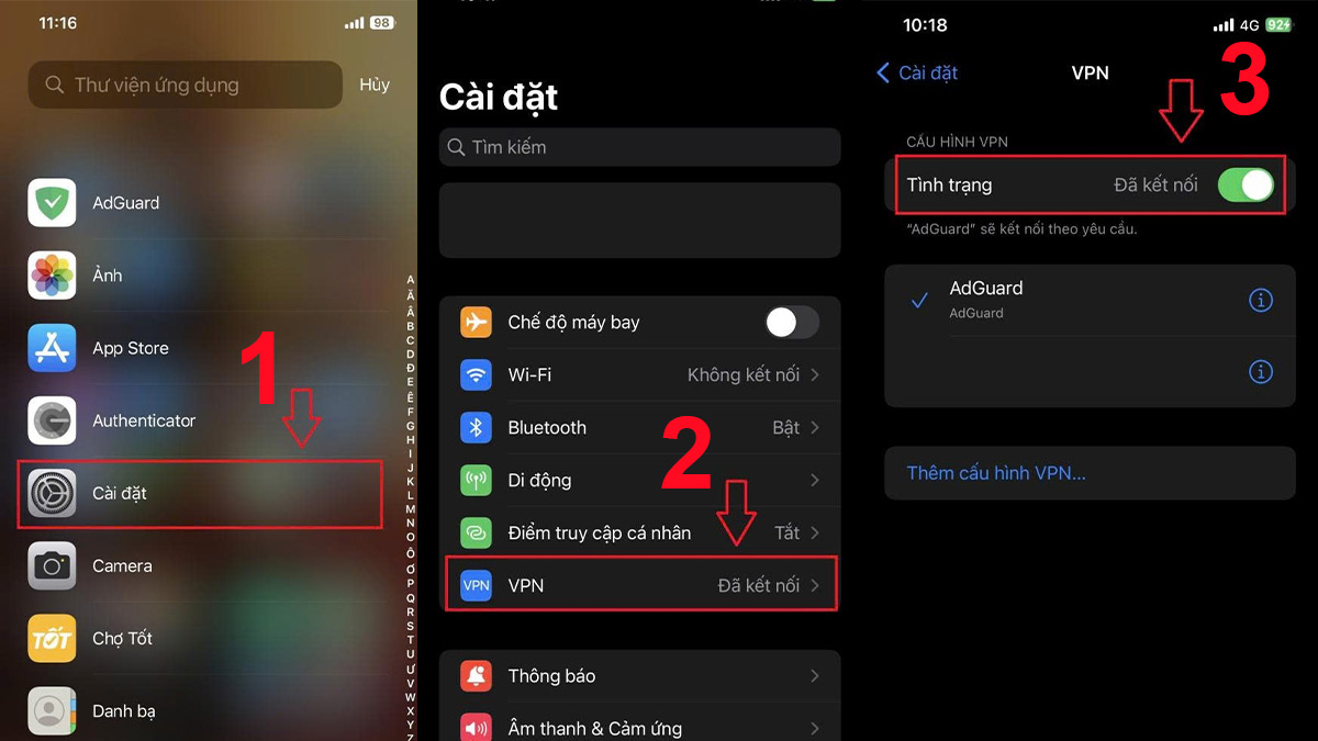 Hướng dẫn truy cập cài đặt tắt VPN để sửa lỗi iphone bắt wifi yếu