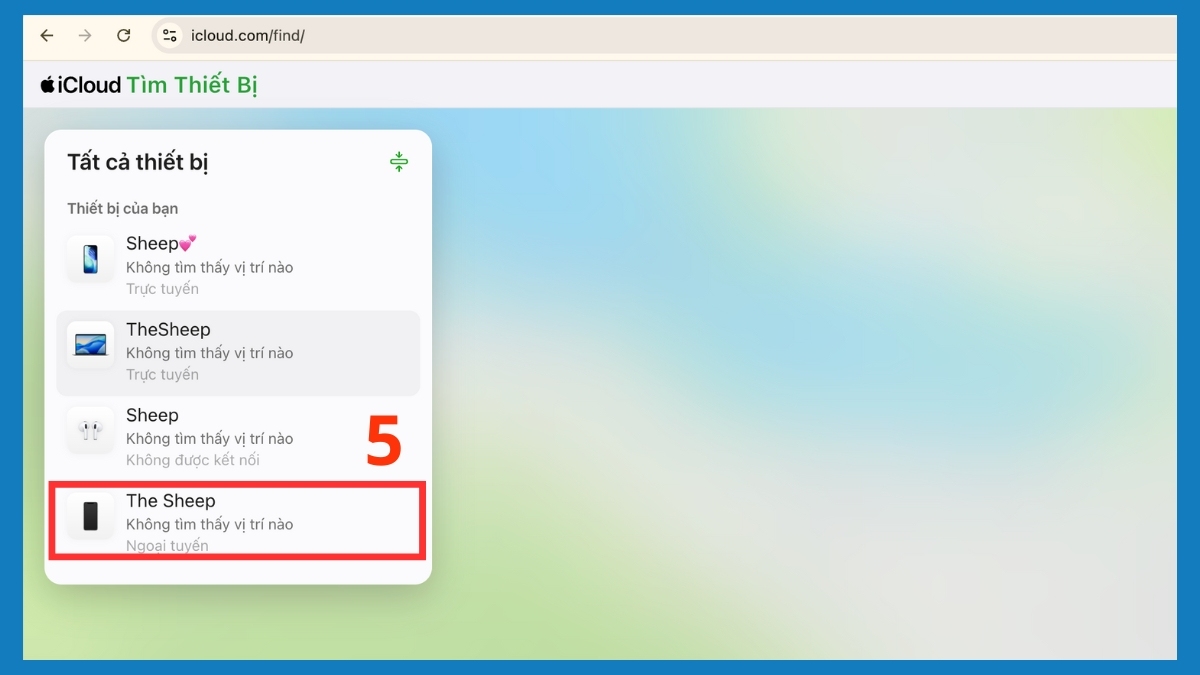 Lựa chọn chính xác thiết bị cần xử lý trong danh sách iphone bị dính icloud.