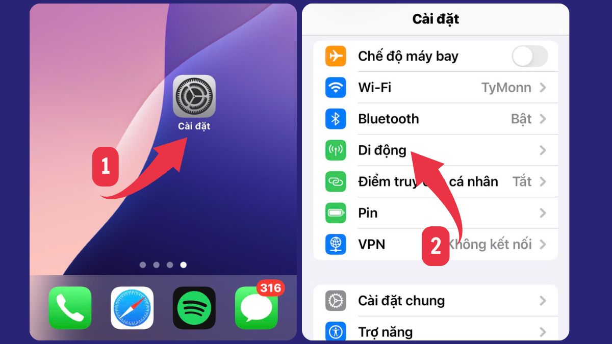 Hướng dẫn bước 1, 2 cách bật 4g trên iphone: vào Cài đặt và chọn Di động.