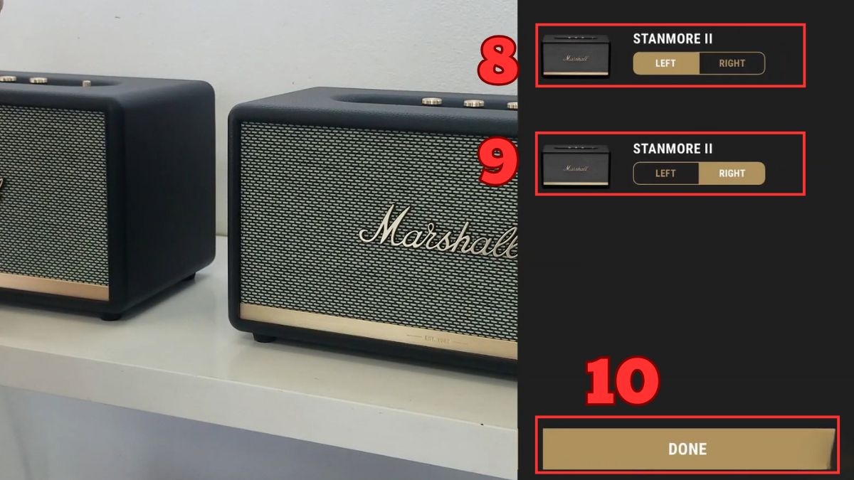 Phân kênh trái phải hoàn tất quá trình kết nối 2 loa Marshall.