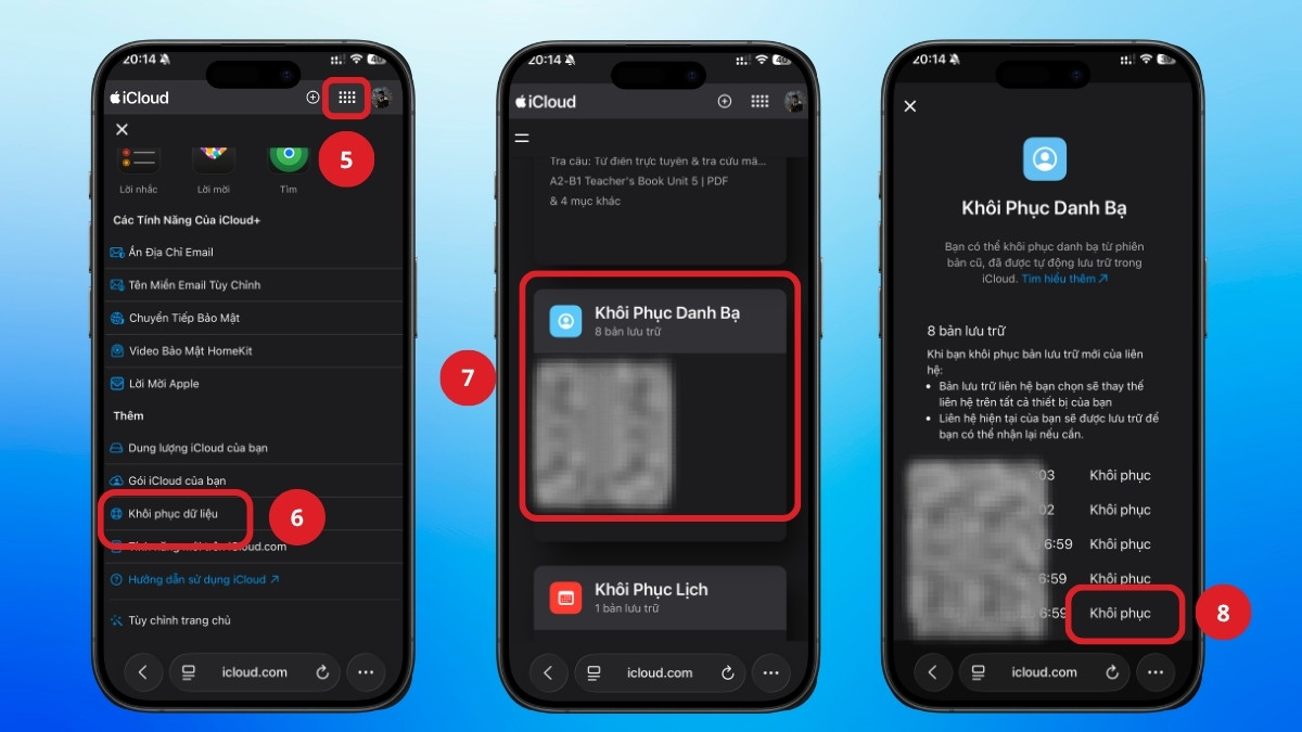 khôi phục danh bạ đã xoá trên icloud chọn Data Recovery và Restore Contacts