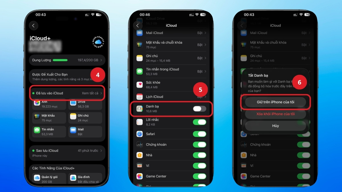 khôi phục danh bạ đã xoá trên icloud tắt Danh bạ và chọn Giữ lại trên iPhone của tôi