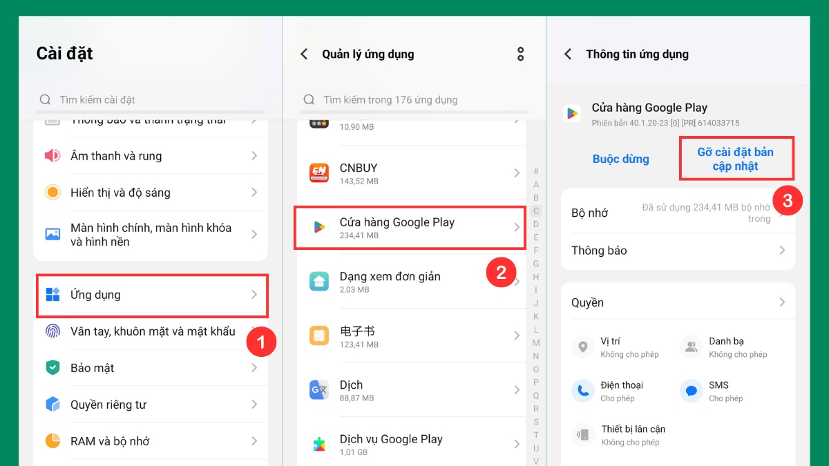 Hướng dẫn gỡ và cài đặt lại bản cập nhật của Google Play Store để khắc phục lỗi không tải được ứng dụng trên ch play