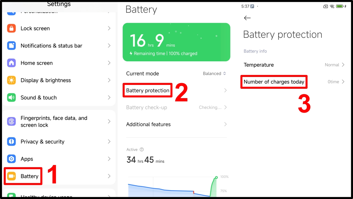 kiểm tra số lần sạc xiaomi trong Battery Protection (MIUI)