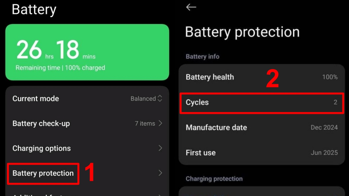 kiểm tra số lần sạc pin xiaomi chạy HyperOS trong mục Cycles