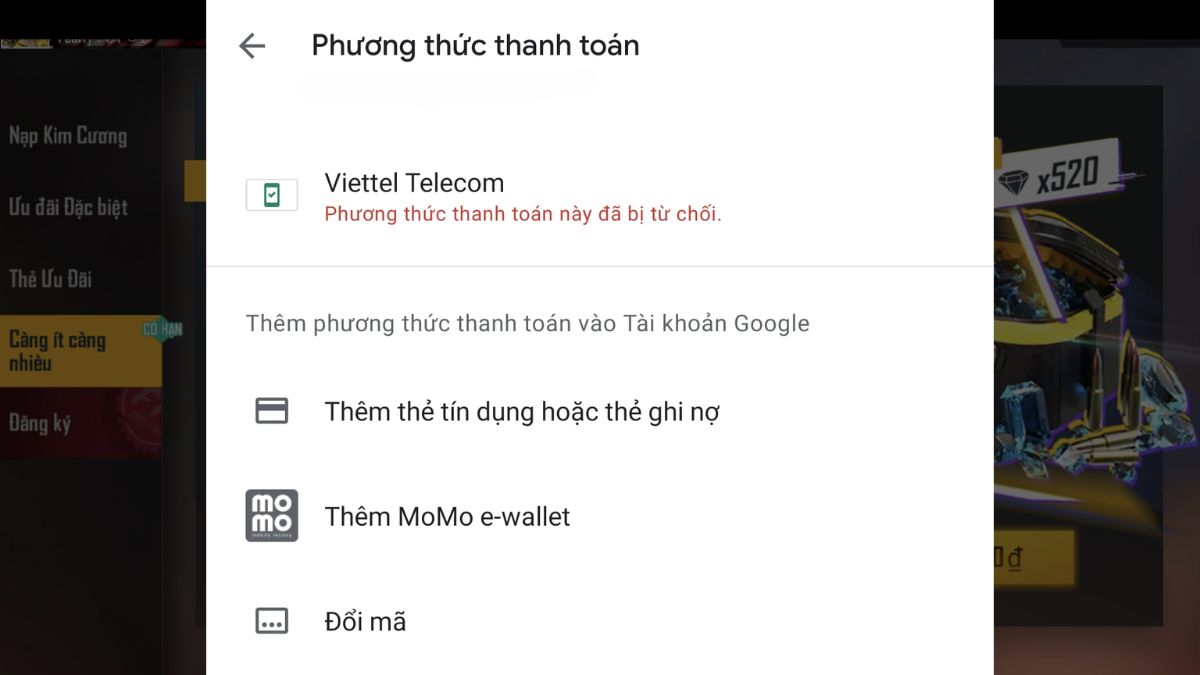 Màn hình Phương thức thanh toán bị từ chối Viettel, hướng dẫn khắc phục lỗi phương thức thanh toán bị từ chối CH Play