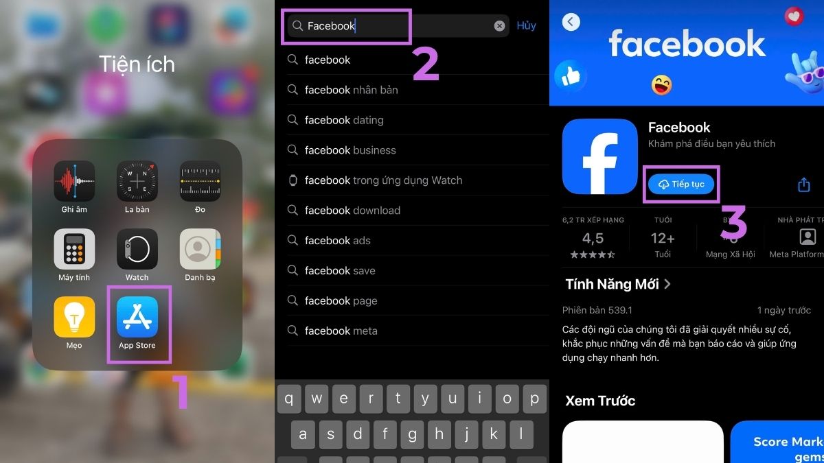 Ảnh minh họa 3 bước vào App Store, tìm Facebook và cập nhật để sửa lỗi tìm nạp dữ liệu trên Facebook iPhone.