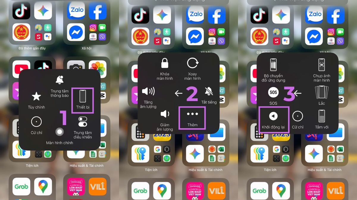 Ảnh minh họa 3 bước sử dụng AssistiveTouch để chọn Khởi động lại iPhone, khắc phục lỗi khi tìm nạp dữ liệu trên Facebook iPhone.