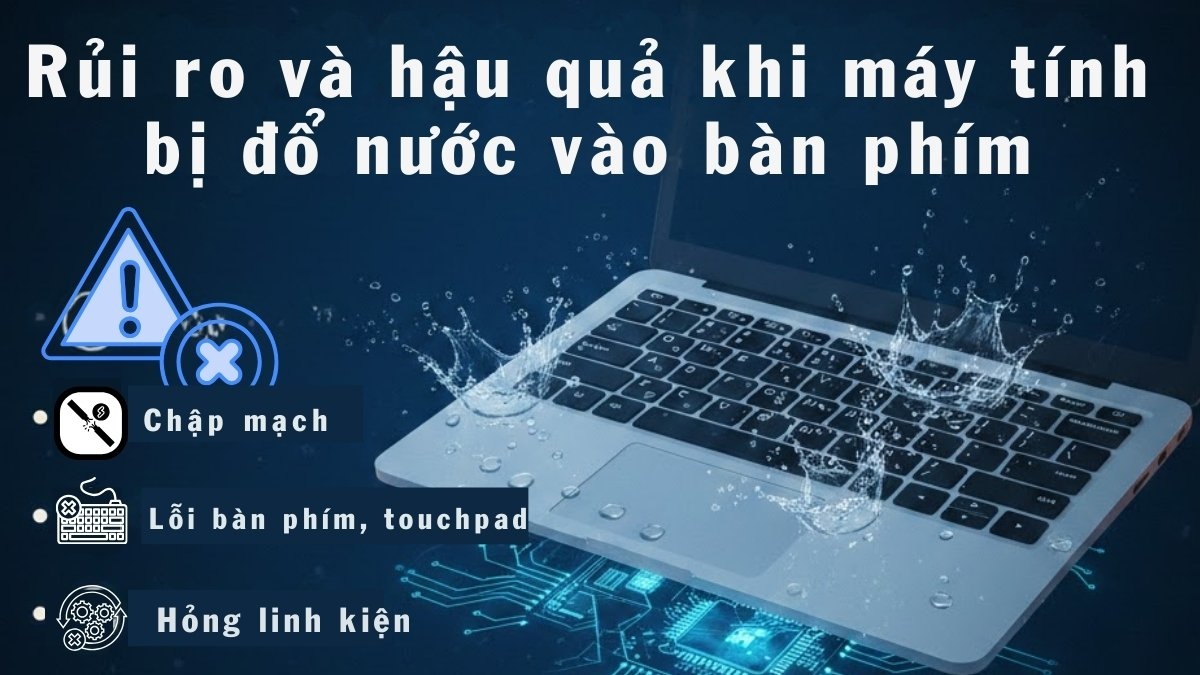 Các rủi ro chập mạch và hỏng linh kiện khi laptop bị đổ nước vào bàn phím.