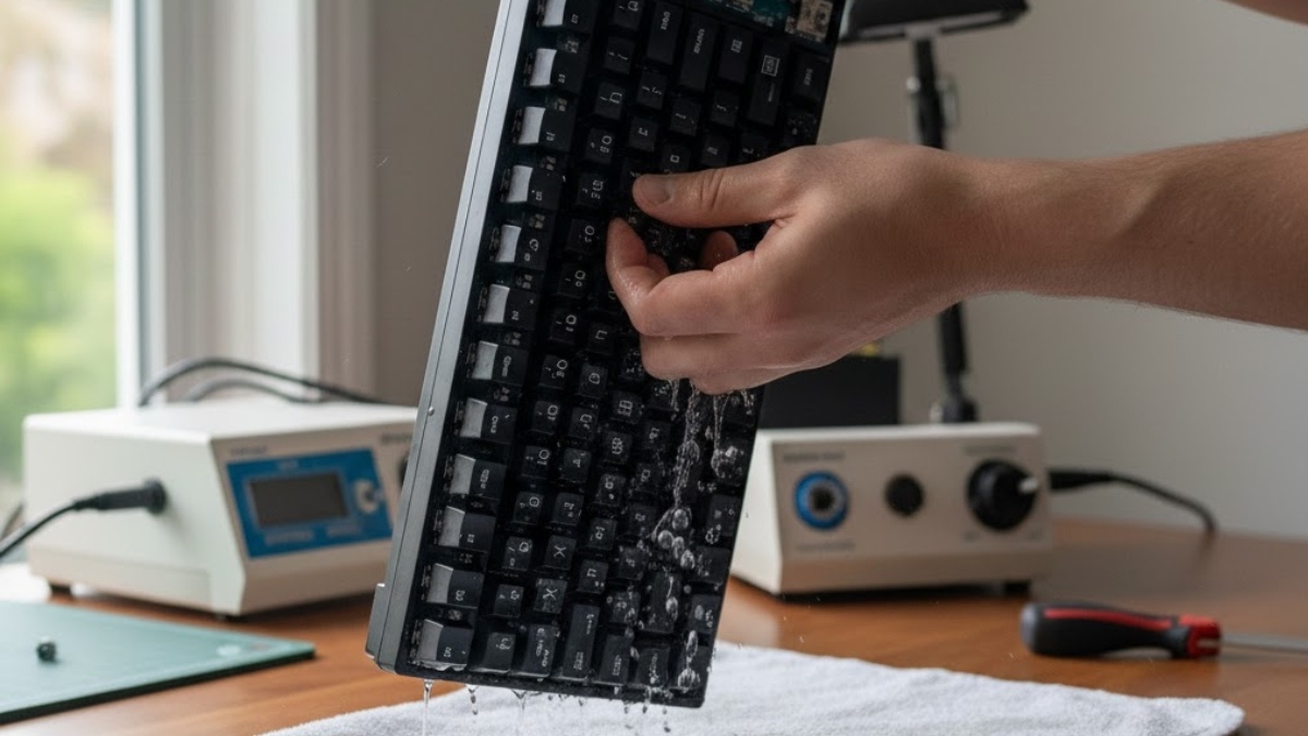 Nghiêng bàn phím cơ để nước thoát ra ngoài qua các kẽ switch.