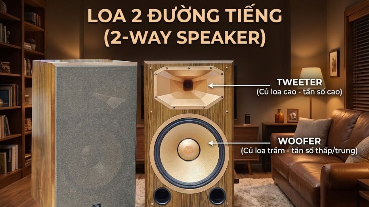 Cấu tạo loa đồng trục 2 đường tiếng với củ loa tweeter và woofer đồng trục.