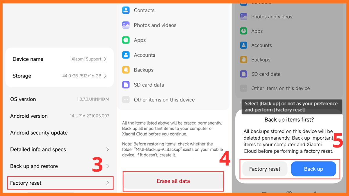 Chọn Factory reset (Khôi phục cài đặt gốc) để xử lý dứt điểm lỗi loa điện thoại xiaomi bị nhỏ.