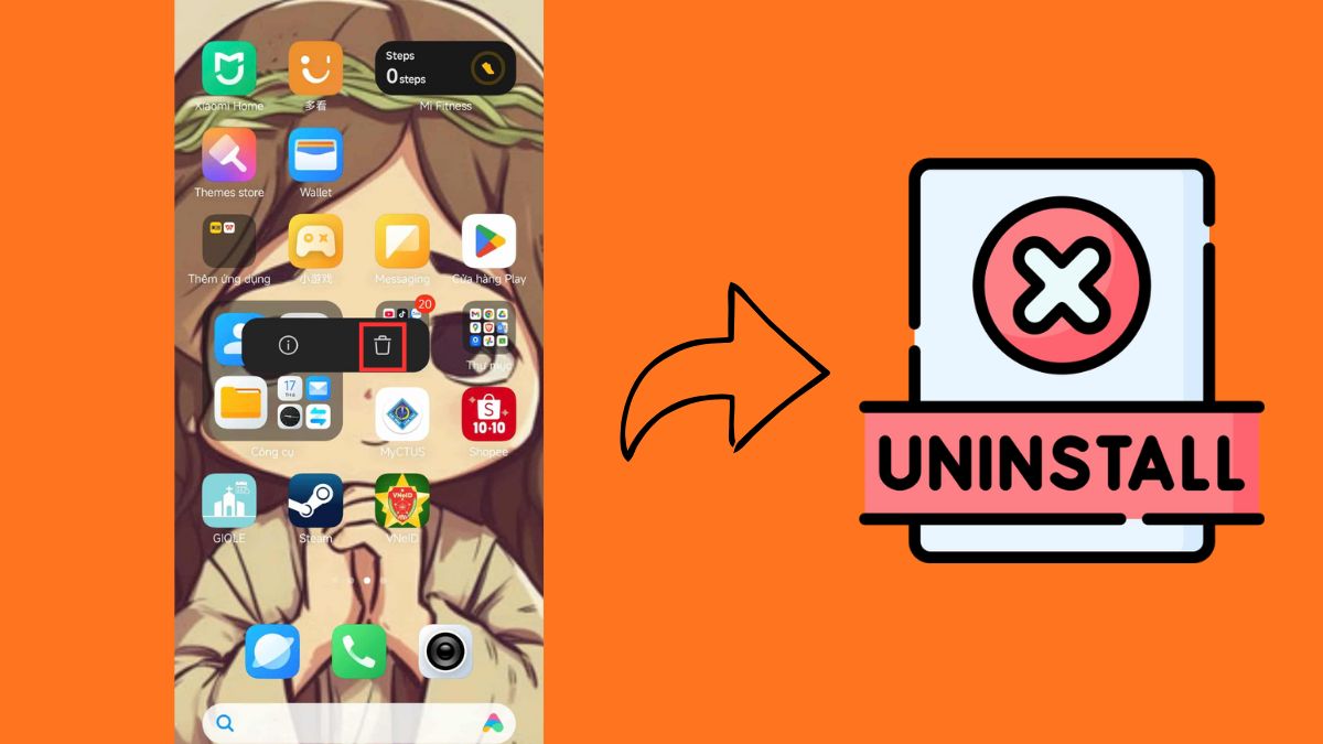 Biểu tượng xóa ứng dụng trên màn hình điện thoại, gỡ ứng dụng xung đột khiến loa Xiaomi bị nhỏ.