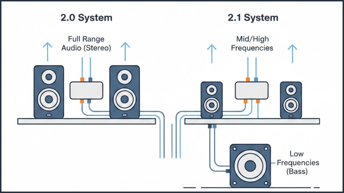 Bảng so sánh loa 2.0 và 2.1 chi tiết về công suất, âm trường và nhu cầu sử dụng.