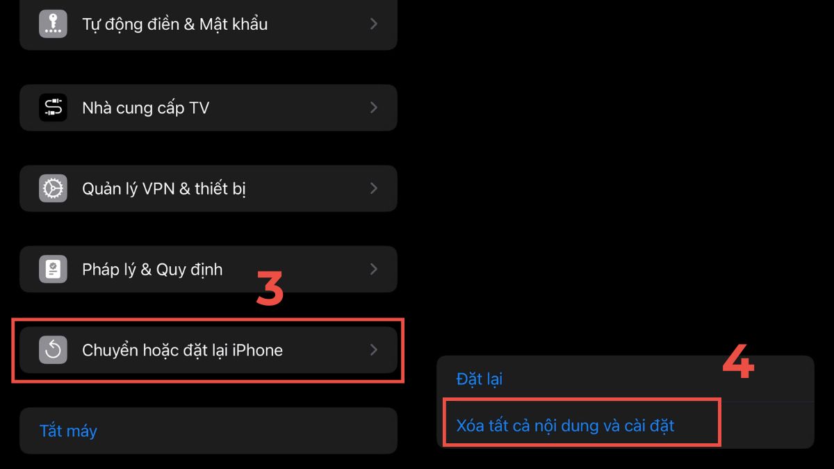 Chọn Xóa tất cả nội dung và cài đặt để khắc phục loa bị rè iphone bằng cách khôi phục cài đặt gốc.