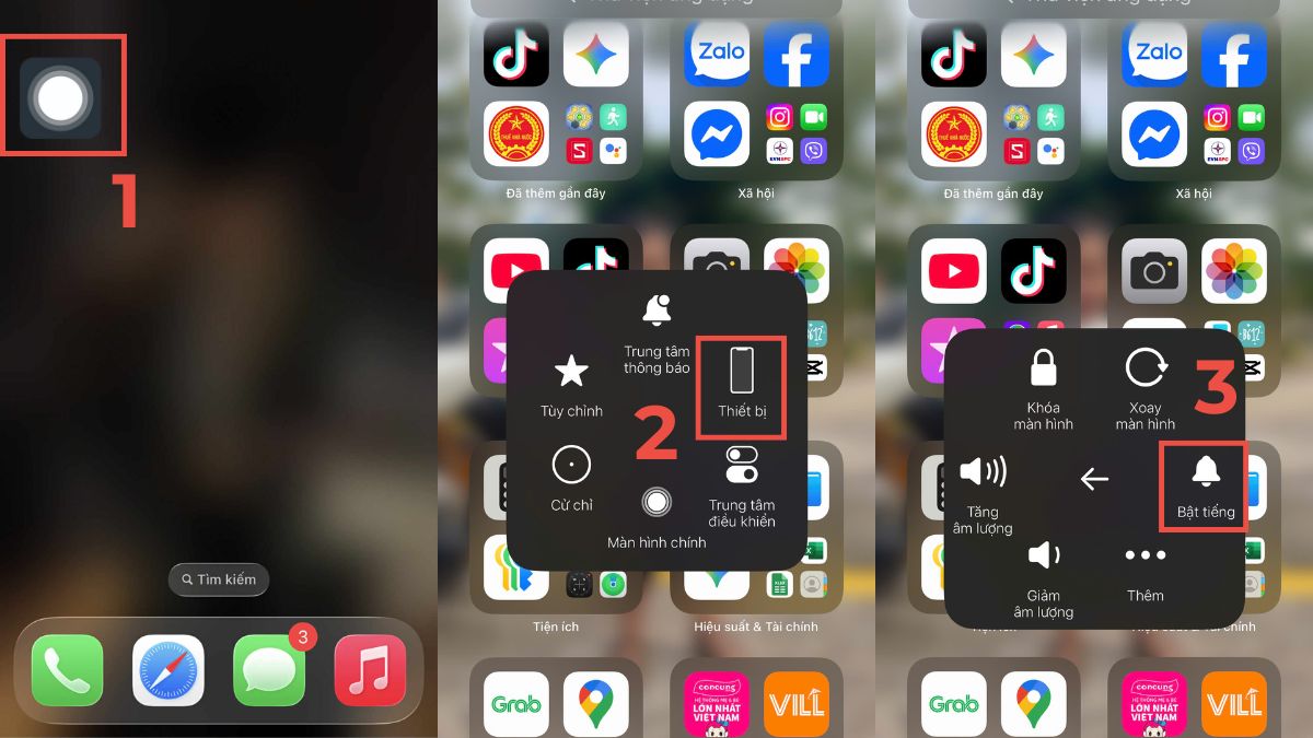 Bật tiếng qua nút Home ảo để kiểm tra và sửa lỗi loa iphone 15 pro max bị rè do im lặng.