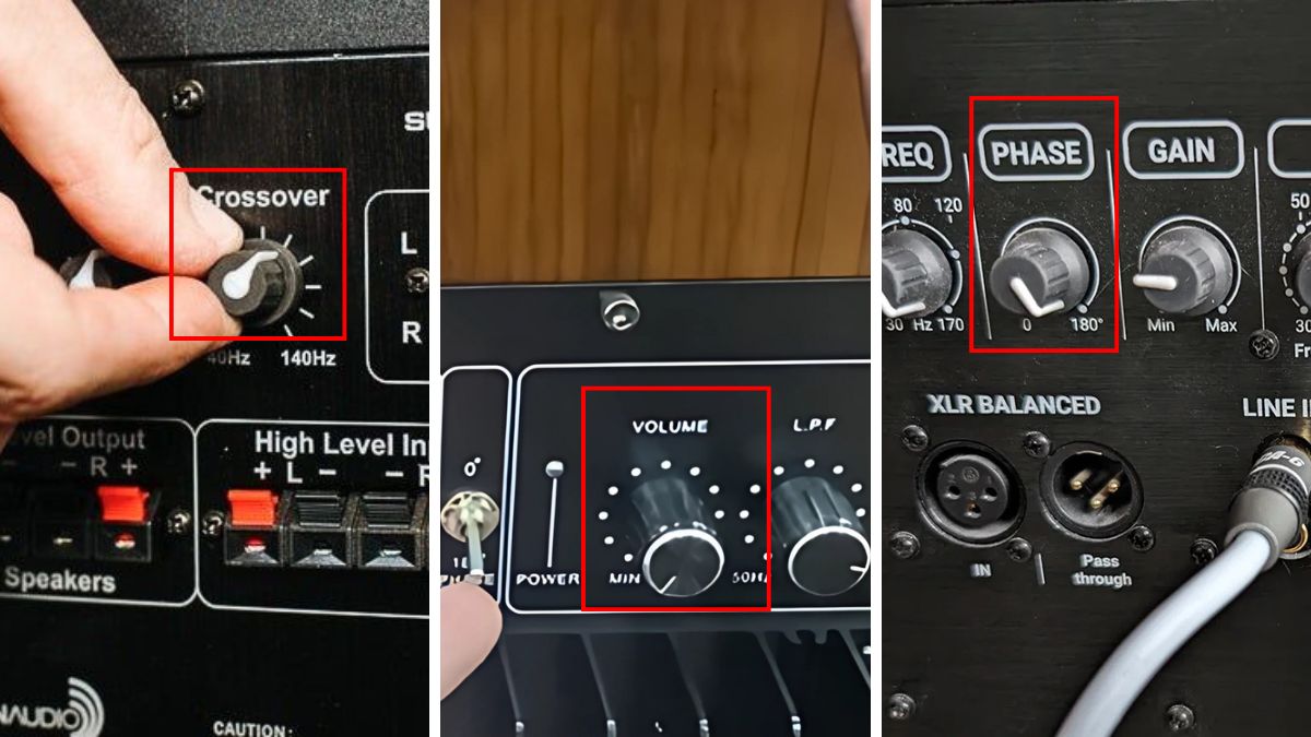 Cách điều chỉnh các nút Crossover Phase và Volume trên loa subwoofer là gì.
