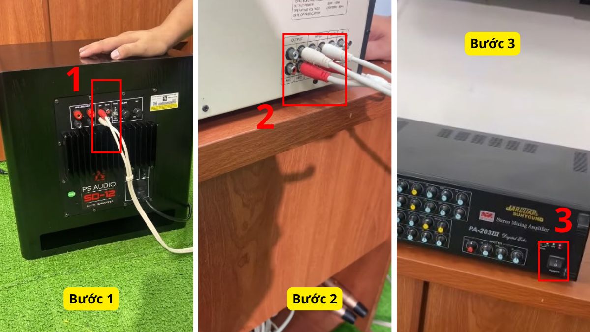Các bước đấu nối dây tín hiệu từ amply vào mặt sau loa subwoofer là gì.