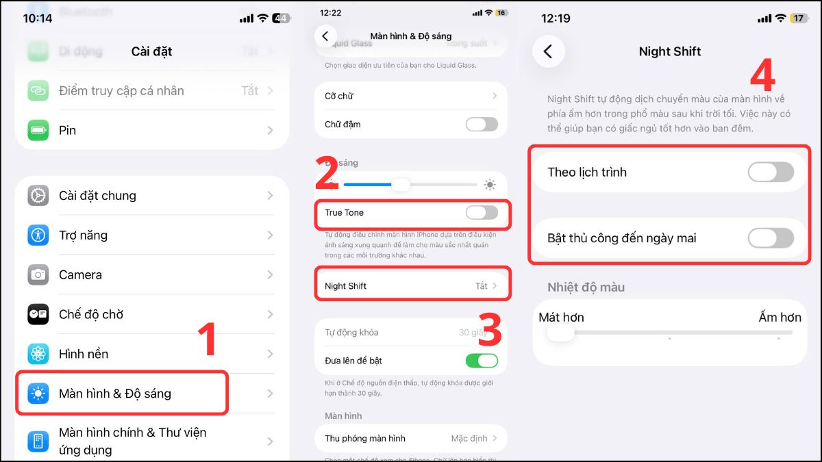 Tắt True Tone và Night Shift cứu màn hình iphone 13 pro max bị vàng.