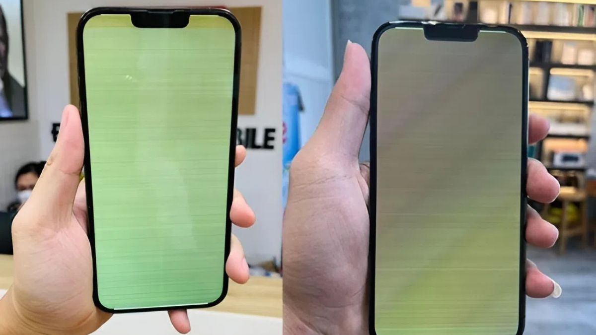 Hai chiếc điện thoại gặp sự cố màn hình iphone 13 pro max bị vàng.