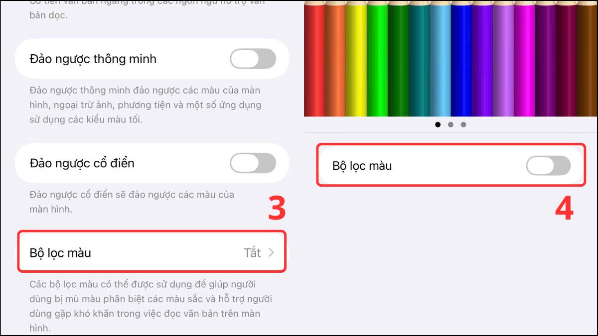 Tắt bộ lọc màu để sửa màn hình iphone 13 pro max bị vàng.