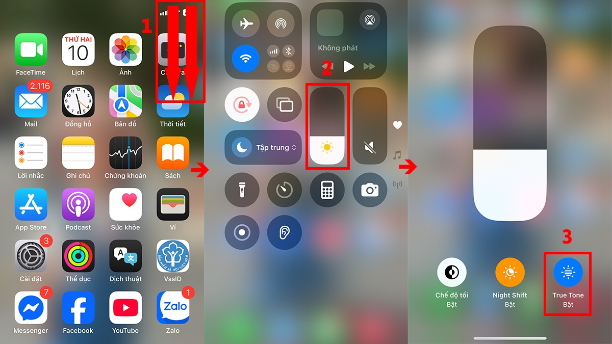 Cách tắt True Tone trong Trung tâm điều khiển khi màn hình iphone 15 bị vàng