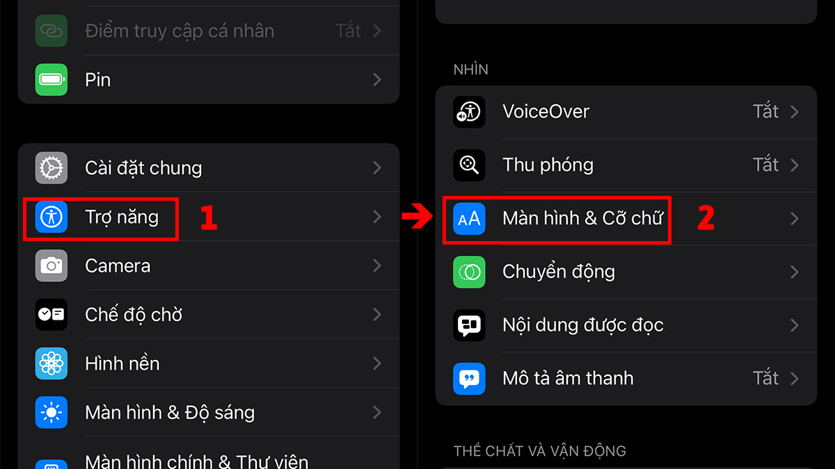 Vào Trợ năng chọn Màn hình và Cỡ chữ để chỉnh lỗi màn hình iphone 15 bị vàng
