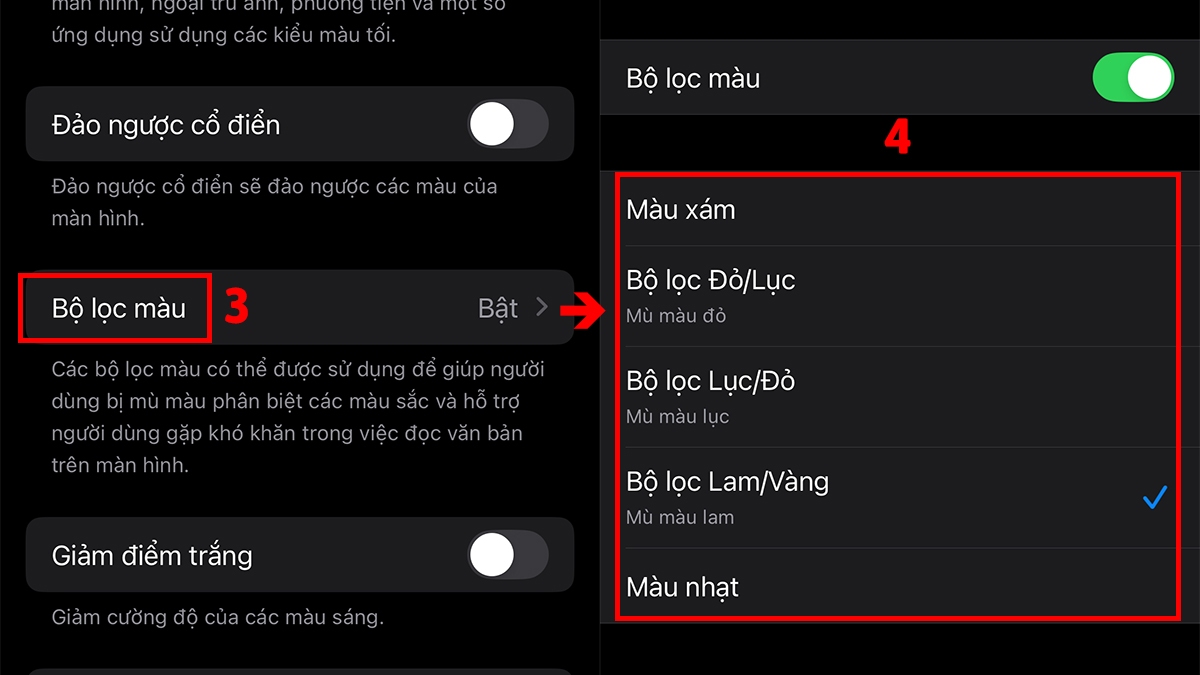 Cài đặt lại bộ lọc màu Lam/Vàng để sửa lỗi màn hình iphone 15 bị vàng