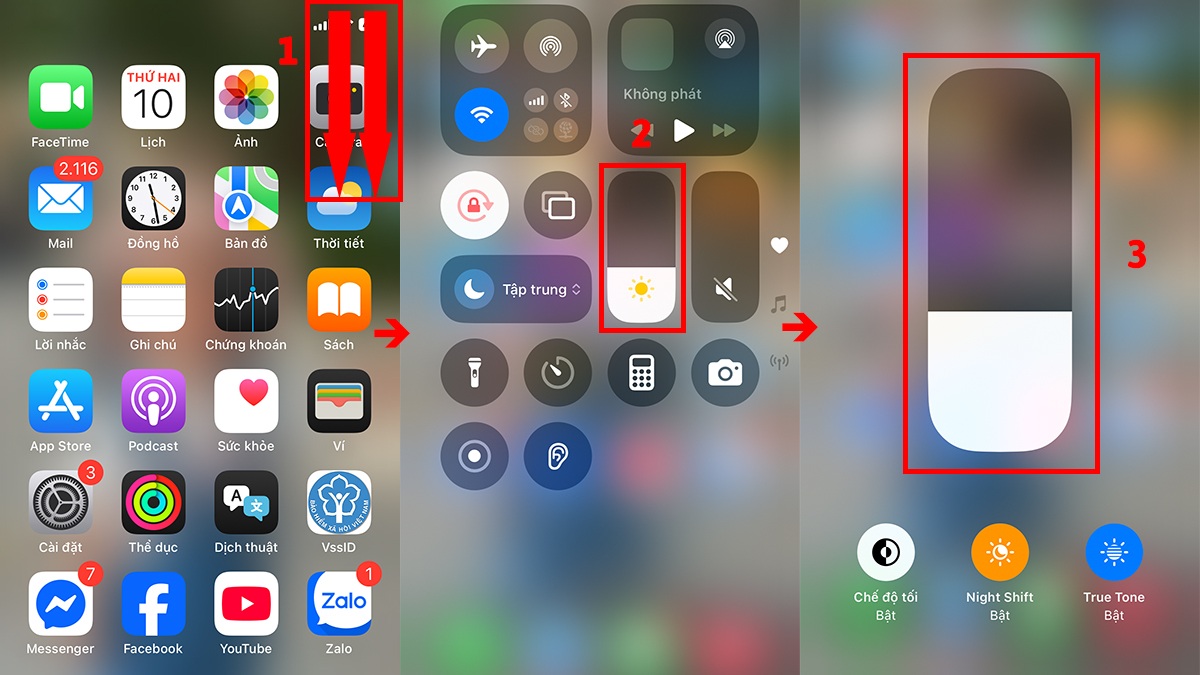 Điều chỉnh độ sáng màn hình ở Trung tâm điều khiển giúp giảm tình trạng màn hình iphone 15 bị vàng