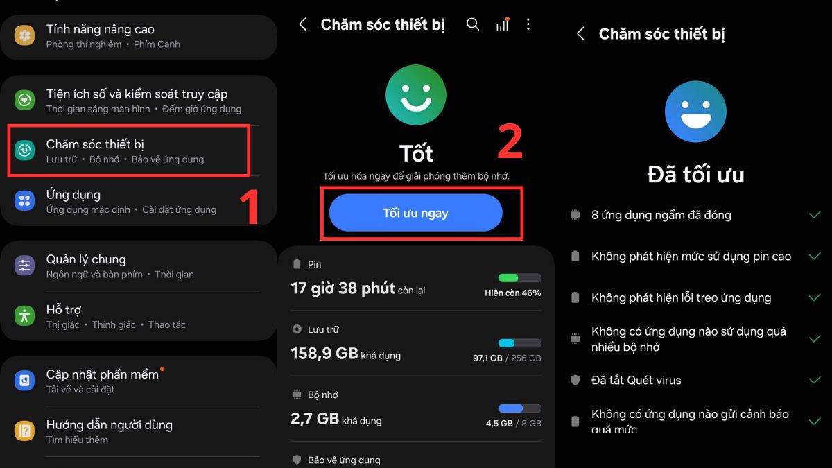Tối ưu hóa thiết bị để giảm tình trạng màn hình samsung bị nhấp nháy