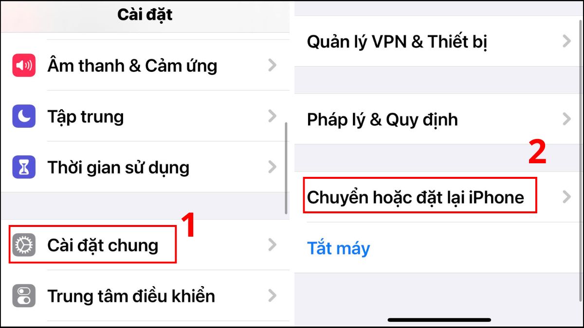 Màn hình Cài đặt chung > Chuyển hoặc đặt lại iPhone, bước chuẩn bị khôi phục cài đặt gốc để sửa lỗi mic iPhone nặng.