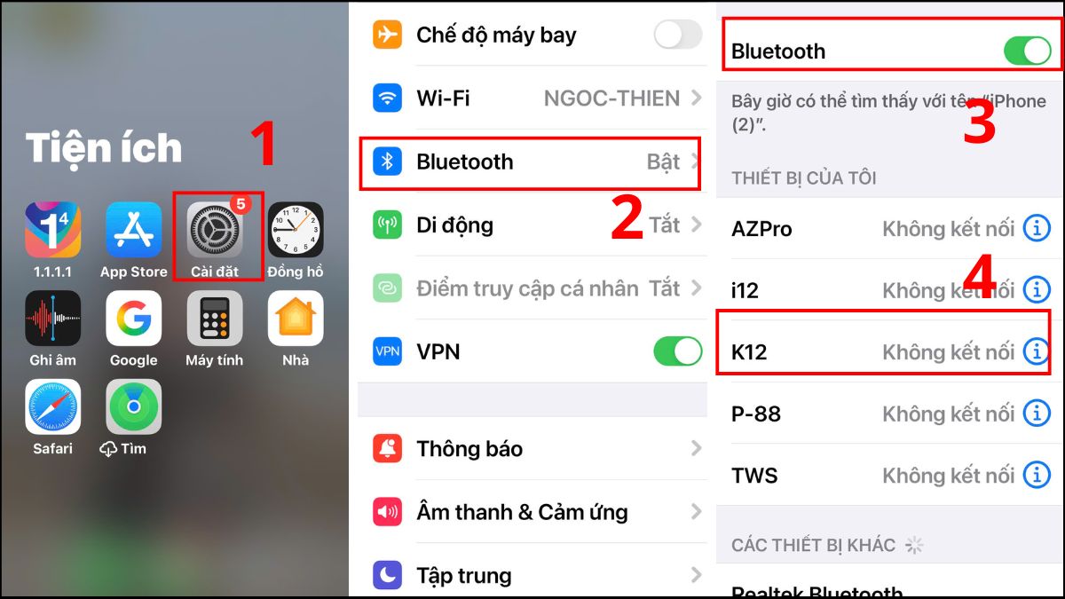 Màn hình Cài đặt > Bluetooth, bước kiểm tra kết nối để khắc phục mic iPhone bị nhỏ khi dùng tai nghe.