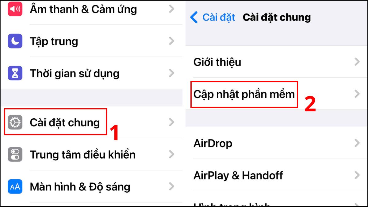 Màn hình Cài đặt chung > Cập nhật phần mềm, bước khắc phục mic iPhone bị lỗi do phiên bản iOS cũ.