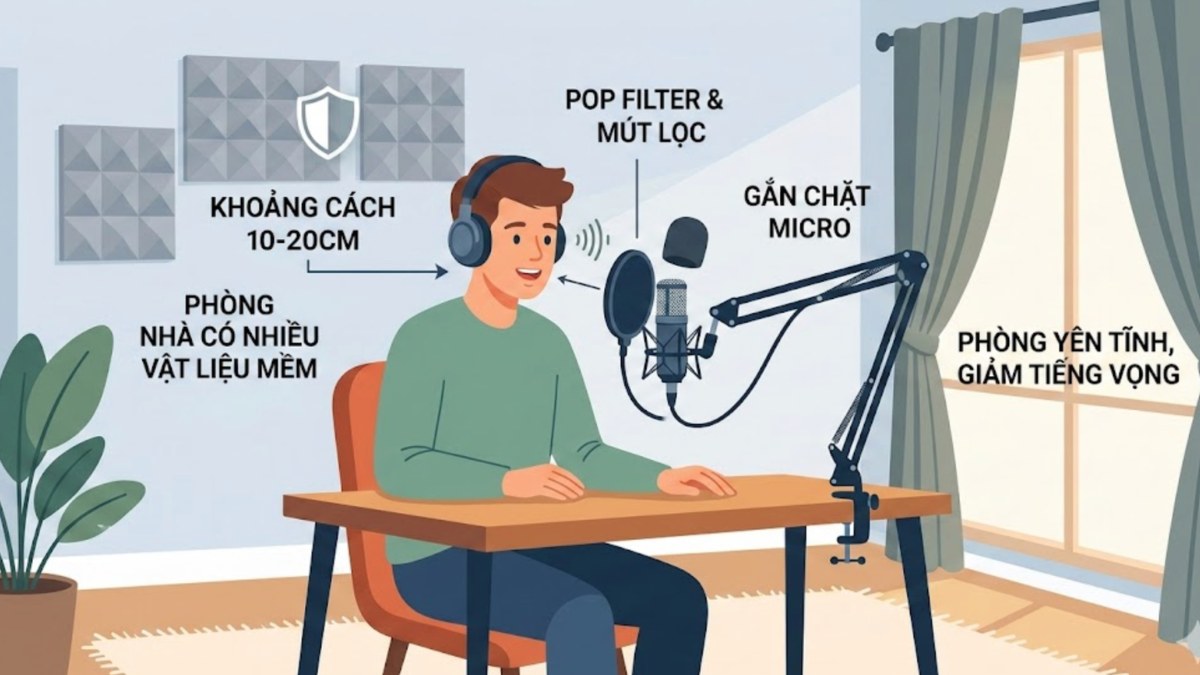 Hướng dẫn cách thiết lập mic thu âm tốt nhất với phụ kiện và khoảng cách chuẩn.