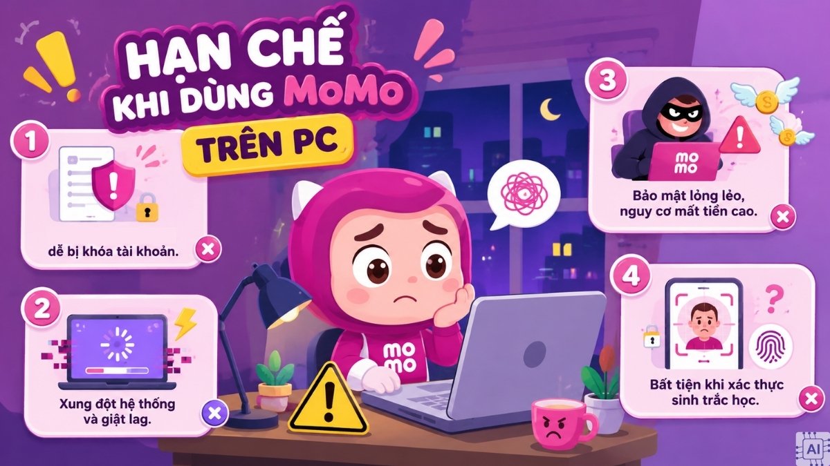 Infographic tổng hợp bốn hạn chế nguy hiểm khi sử dụng momo pc.