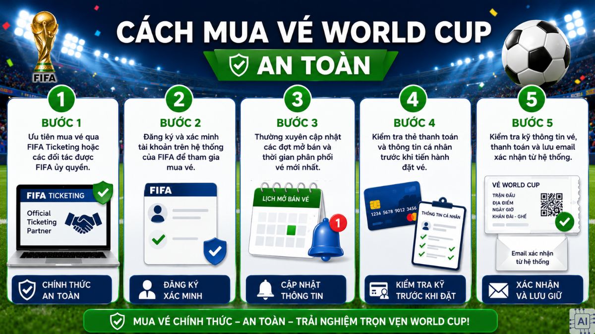Sơ đồ hướng dẫn cách mua vé World Cup 2026 an toàn qua 5 bước