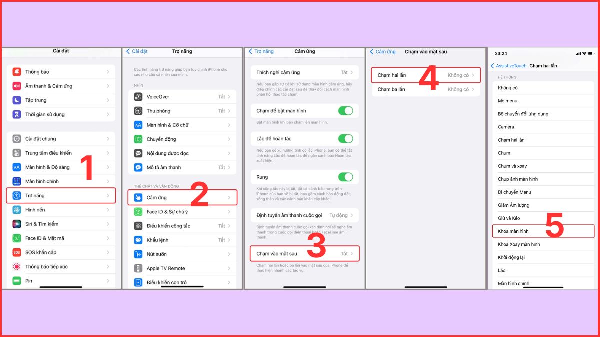 Bước 1: Màn hình Cài đặt > Trợ năng, để thiết lập chạm mặt sau thay thế nút nguồn.