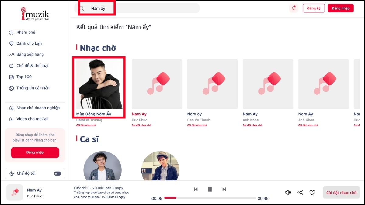 Tìm kiếm bài hát trên website iMuzik để nghe thử nhạc chờ Viettel.