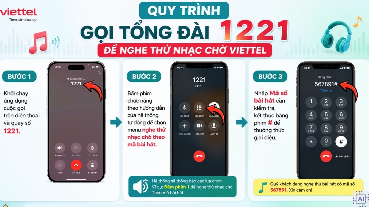 Các bước thực hiện cách nghe thử nhạc chờ Viettel 1221 qua tổng đài.