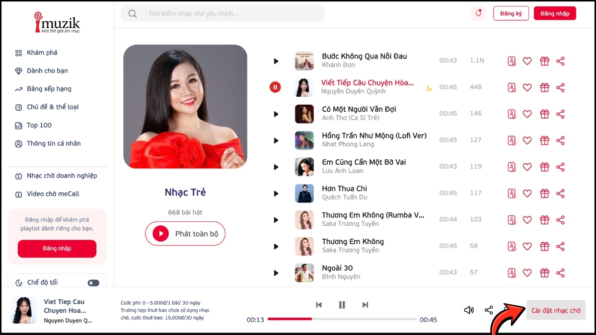 Nút cài đặt bài hát trên website sau khi nghe thử nhạc chờ Viettel.