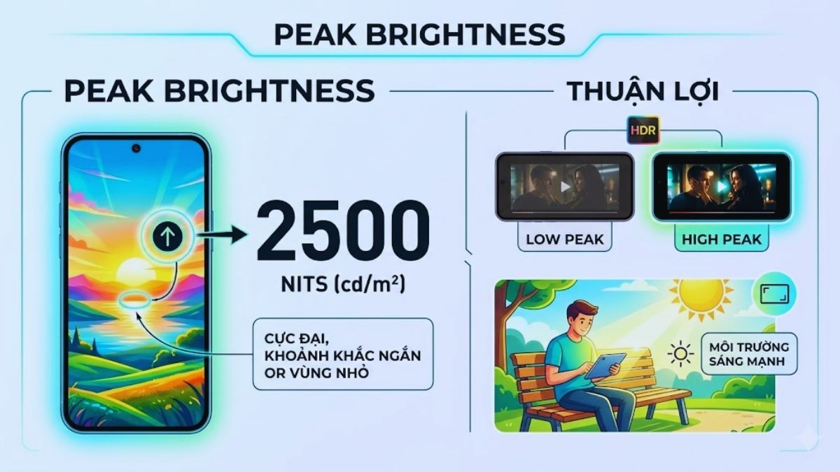 Khái niệm độ sáng màn hình Peak brightness và cách hiểu chỉ số peak là gì.