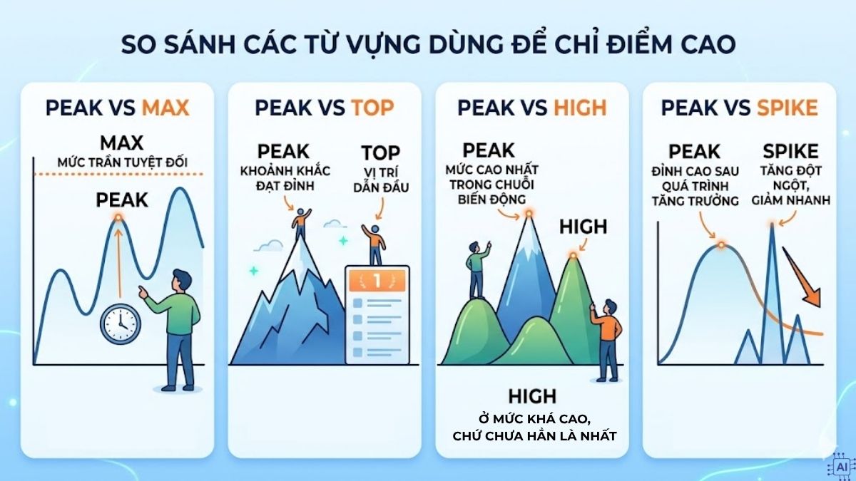 So sánh sự khác biệt giữa các thuật ngữ Max, Top, High, Spike và peak là gì.