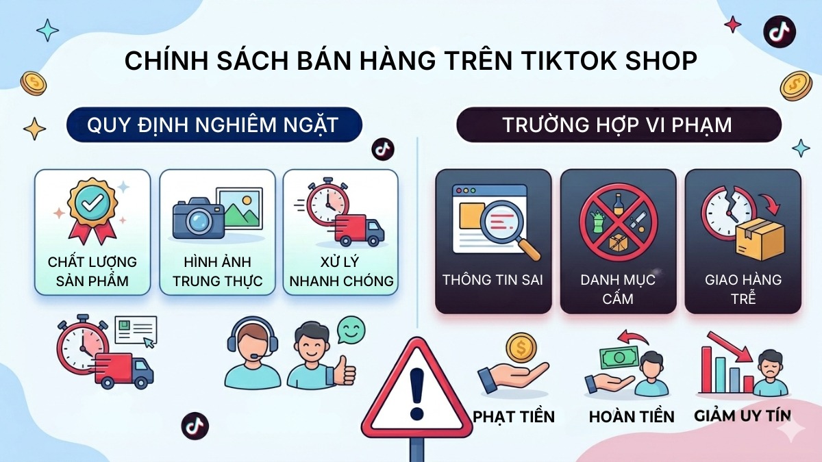 Chính sách bán hàng và quy định xử phạt liên quan đến phí hoa hồng TikTok Shop.