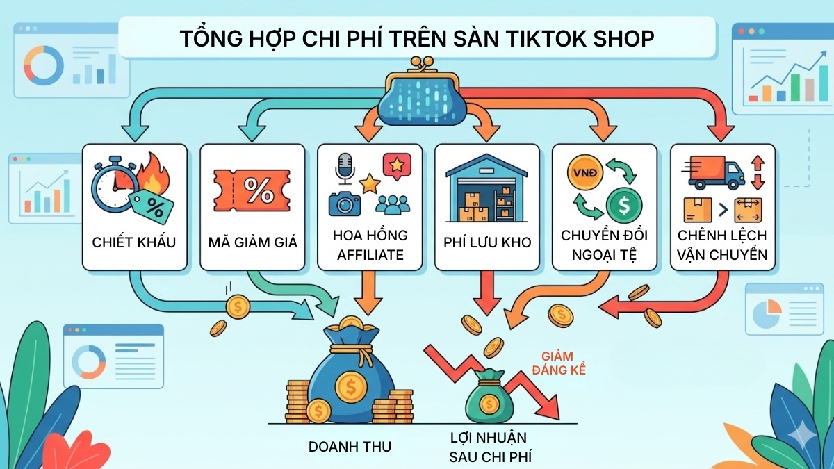 Sơ đồ tổng hợp các loại chiết khấu TikTok Shop và chi phí ẩn trên sàn.
