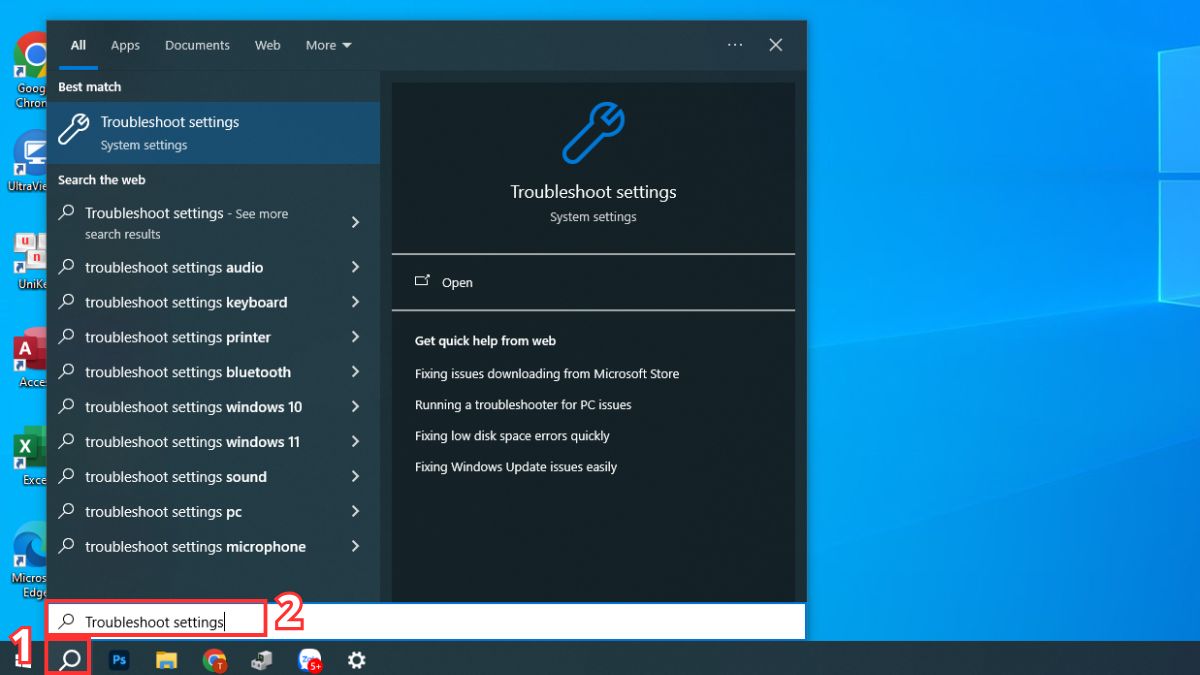Tìm kiếm Troubleshoot settings trên Windows để xử lý lỗi phím Esc laptop.