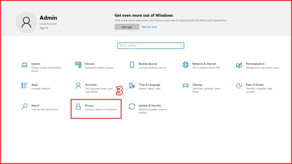 Truy cập mục Privacy để sửa lỗi phím Esc không hoạt động trên Windows.