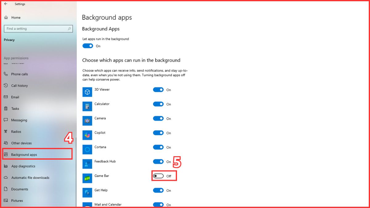 Tắt các Background apps chạy ngầm gây ra tình trạng phím Esc bị lỗi.